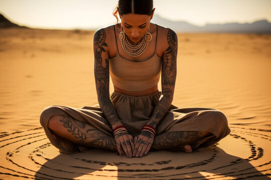 Chamane woman praying in desert magic circle with tattoos.