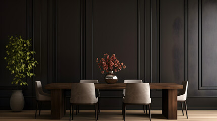 Interior of modern dining room, dining table and wooden chairs in room with black panelling wall