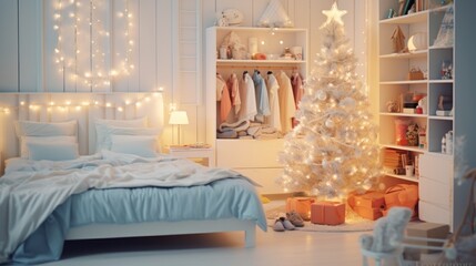 "Festive Christmas Bedroom Interior with Glowing Tree, Shelves, and Lights on Bedside Table - Perfect Background for 2023 Holiday Season in a Cozy Apartment"