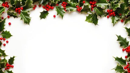 "Festive Christmas Border of Holly and Fir Plants on White Background, Perfect for Winter Season Greeting Cards or Invitations"