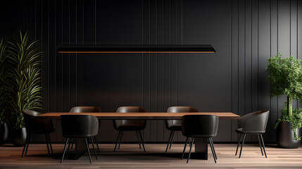 Interior of modern dining room, dining table and wooden chairs in room with black panelling wall