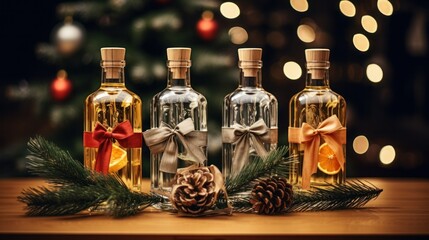 "Festive Christmas Gift Set: Adorable Bottles with Ribbons and Firs Filled with Champagne and Cheer"
