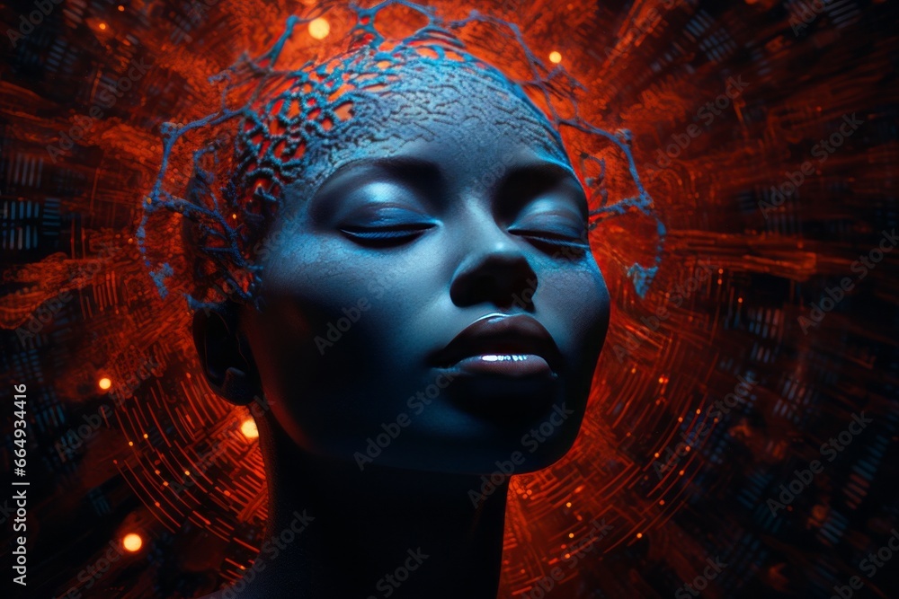Poster A close-up of an abstract human face with eyes closed, radiating a serene aura, representing the inner power of the creator in a state of deep reflection.