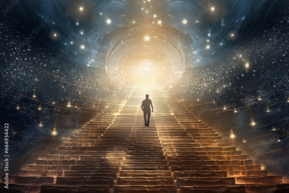 Aufkleber an image of an abstract human figure ascending a celestial staircase, with each step representing a 