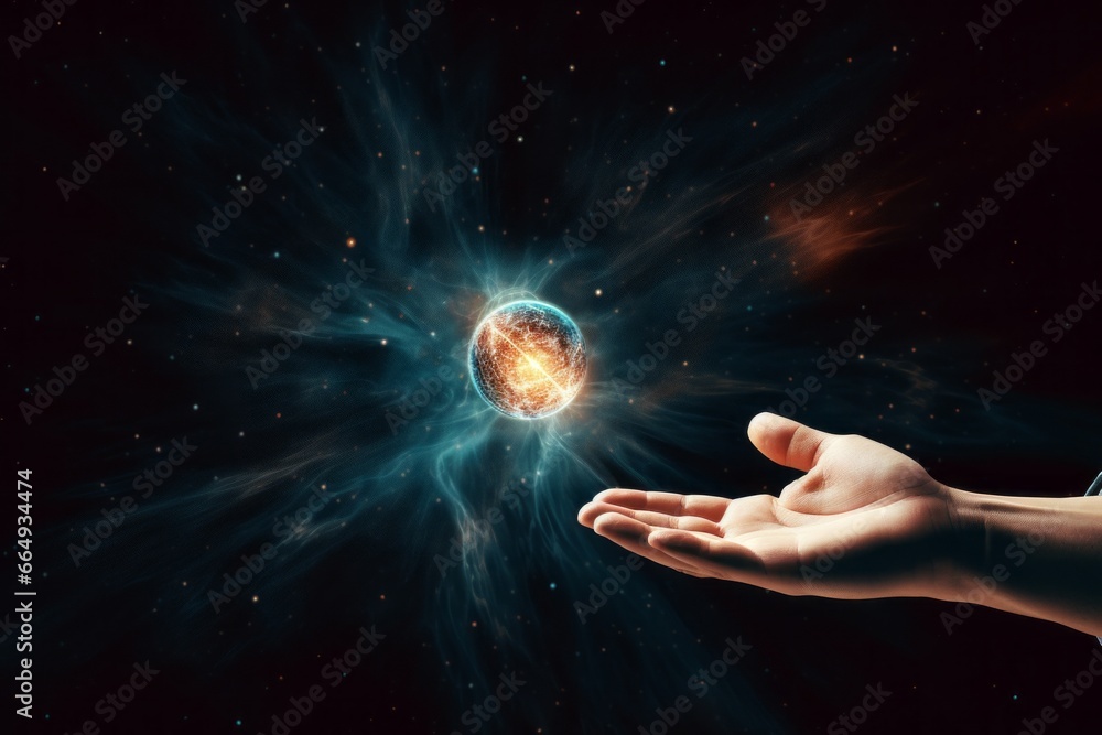 Aufkleber An image of an abstract human hand extending toward a celestial sphere, illustrating the connection between the creator's touch and the power of the universe.