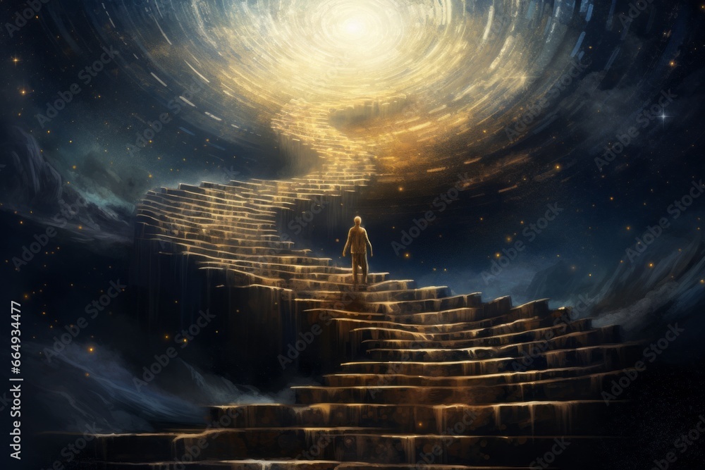 Aufkleber an image of an abstract human figure ascending a celestial staircase, with each step representing a 