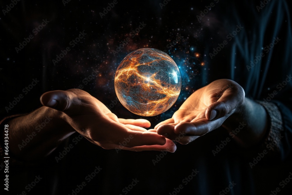 Leinwandbilder An image of an abstract human hand extending toward a celestial sphere, illustrating the connection between the creator's touch and the power of the universe.