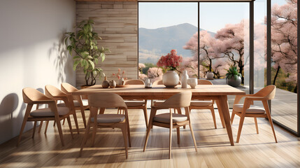 Interior of modern dining room, wooden dining table and chairs in room with window