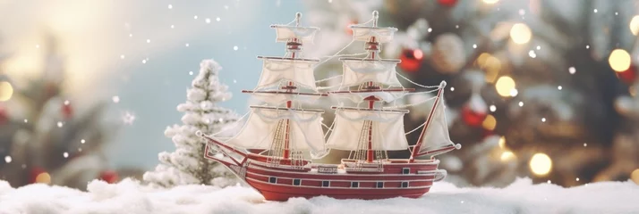 Foto op Plexiglas "Festive Wooden Ship Toy on Christmas Tree with Blurred Winter Background: Symbolizes Sea Cruise and Holiday Travel for Christmas and New Year Holidays" © Sandris_ua