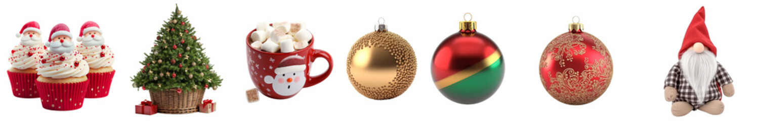 Fototapeta na wymiar Set of Christmas decorations, Christmas tree, baubles, gnomes, isolated on transparent background, generative AI.