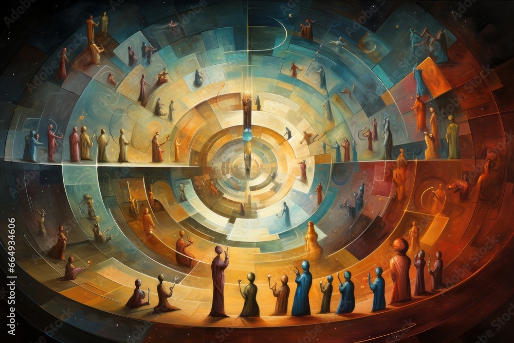 Aufkleber a composition with a circular arrangement of abstract human figures, each one holding a unique tool 