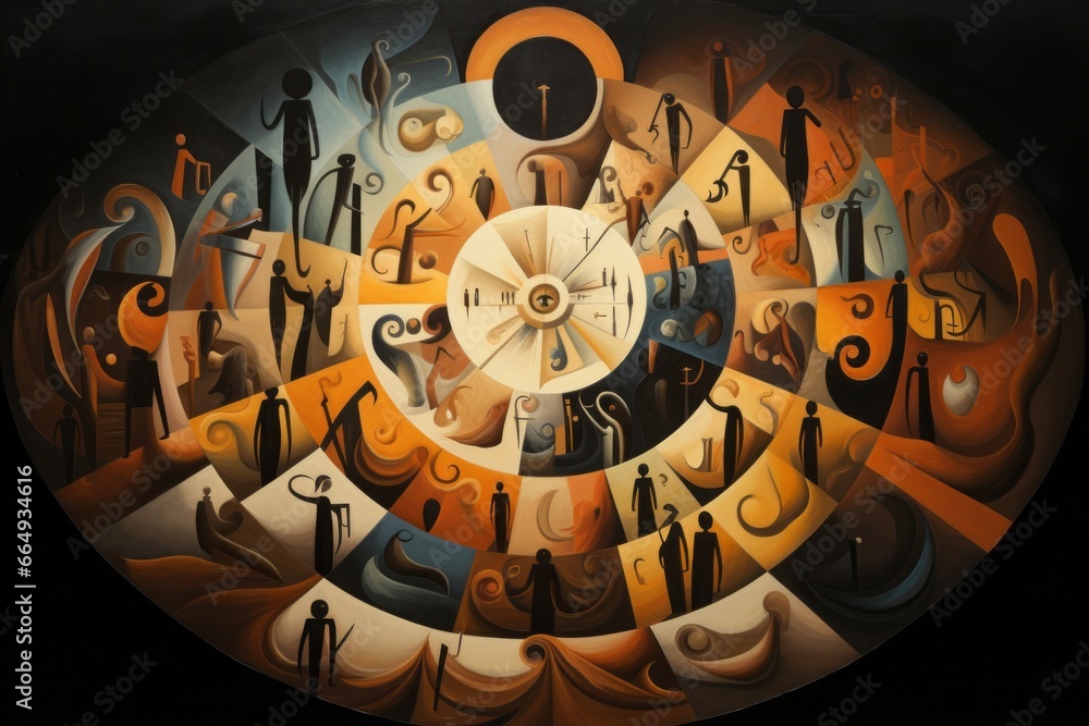 Poster A composition with a circular arrangement of abstract human figures, each one holding a unique tool or symbol of creation, illustrating the collective power of creativity and imagination.