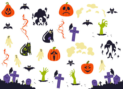 This pack includes 30 different Halloween elements in transparent alpha, including ghosts and bats, pumpkins, zombie hands, cat elements, etc. Great for Halloween design projects.