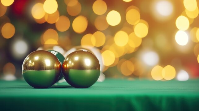 "Golden Christmas Billiards Balls on a Festive Green Background with Red and Gold Ornaments"