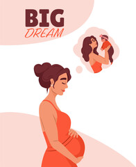 Dream of pregnant woman waiting baby. Motherhood and maternity concept. Cartoon parent. Family love, beautiful female. Birth expecting. Happy mother in red dress. White background. Vector illustration