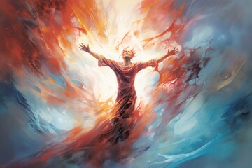 An image of an abstract human figure in a dynamic, upward-reaching posture, surrounded by vibrant, swirling energy, representing the awakening of the spirit's power. - obrazy, fototapety, plakaty