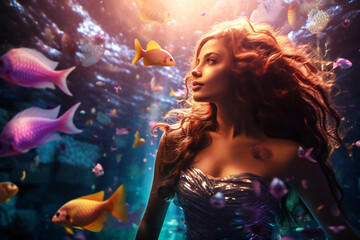 real mermaid with purple hai swimming underwater near coral reef with colorful fish, fantasy