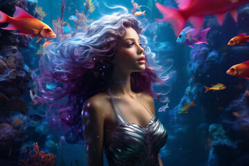Obraz na płótnie Canvas real mermaid with purple hai swimming underwater near coral reef with colorful fish, fantasy