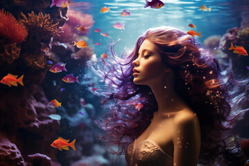 real mermaid with purple hai swimming underwater near coral reef with colorful fish, fantasy
