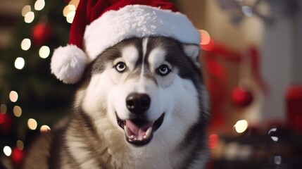 "Joyful Husky Celebrates the Holidays in a Santa-Inspired Red Cap"