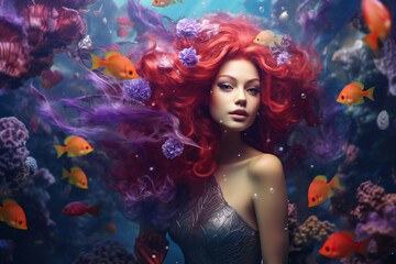 Obraz na płótnie Canvas real mermaid with purple hai swimming underwater near coral reef with colorful fish, fantasy