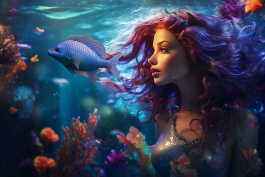 real mermaid with purple hai swimming underwater near coral reef with colorful fish, fantasy