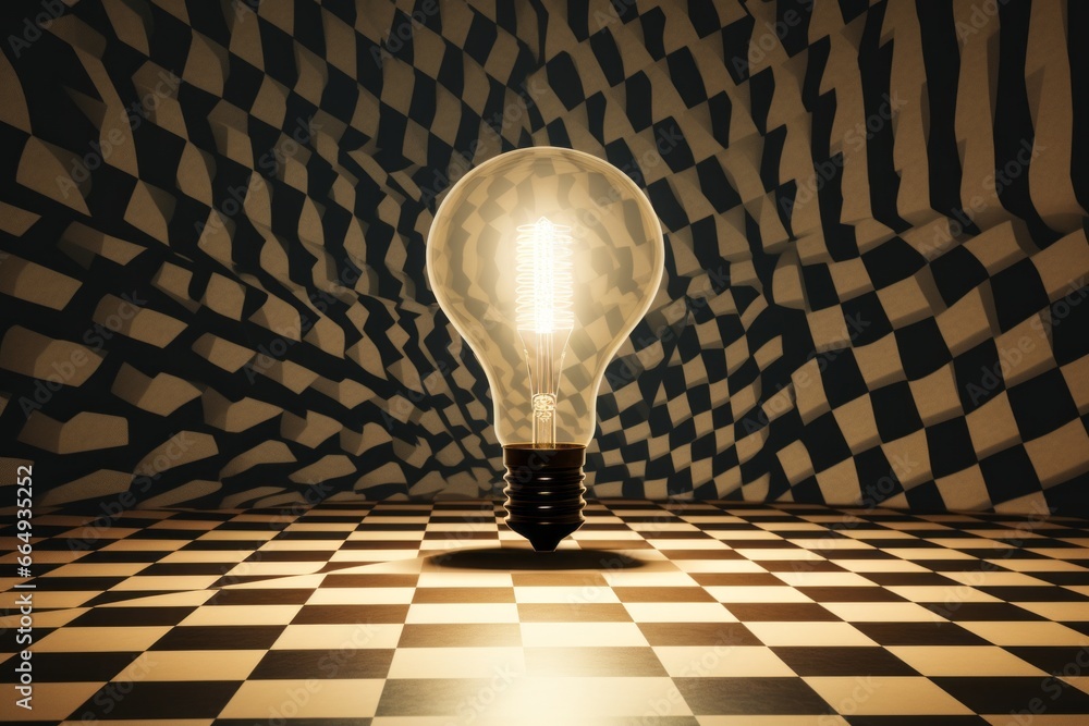 Poster an abstract lightbulb image with geometric patterns of light and shadow dancing across its surface, 