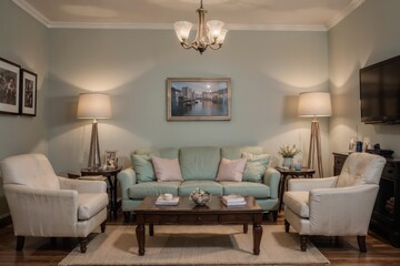 Interior mockup with picture frame on a Wall. Living room in pastel colors with sofa and painting on a wall 
