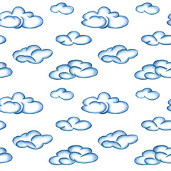 Seamless pattern of blue clouds of different sizes on a white background. Watercolor illustration. Template for the design of postcards, invitations, banners, stickers, bed linen, textiles, printing