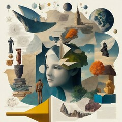 A surreal blend of globe, statue, building, and tree to evoke curiosity.