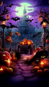 halloween background with pumpkins, seamless looping video background animation, cartoon anime style