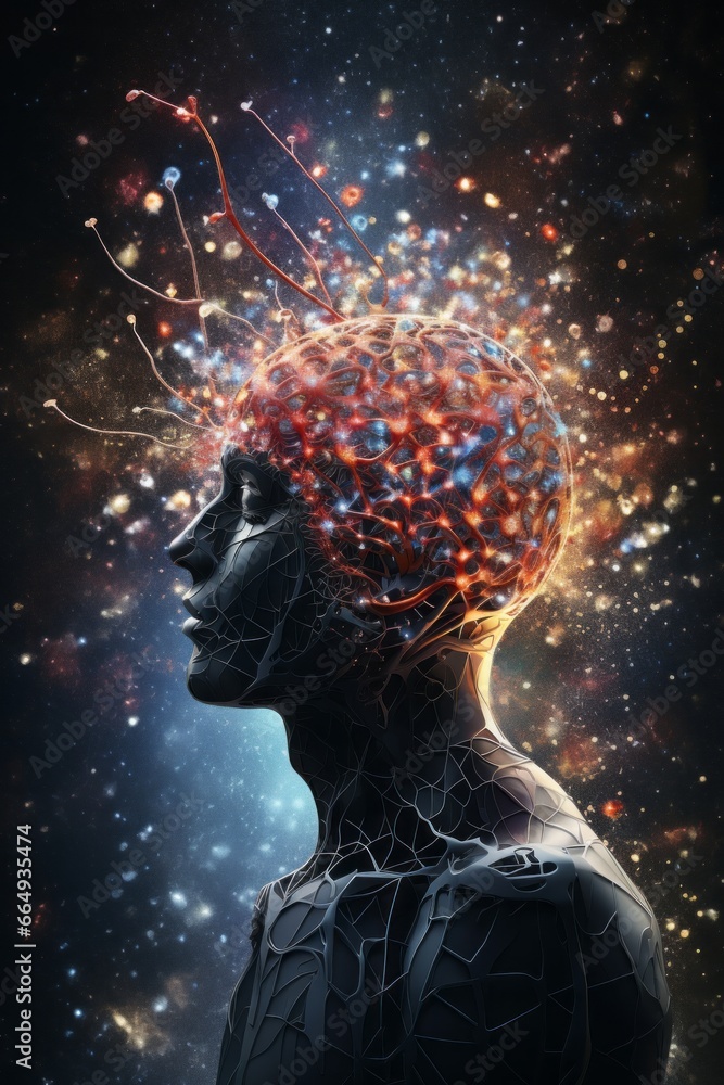 Poster an image of an abstract human silhouette with an intricately detailed brain-shaped structure within,