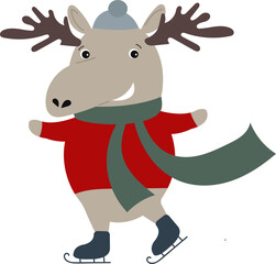 cute christmas reindeer skating. vector cartoon illustration of moose ice skating. winter new year funny animal in sweater. flat illustration of moose for children
