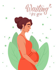 Obraz na płótnie Canvas Postcard of pregnant woman waiting baby. Motherhood and maternity concept. Leaf in background. Cartoon parent. Family love, beautiful female. Birth expecting. Happy, calm mother. Vector illustration
