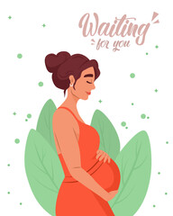 Postcard of pregnant woman waiting baby. Motherhood and maternity concept. Leaf in background. Cartoon parent. Family love, beautiful female. Birth expecting. Happy, calm mother. Vector illustration