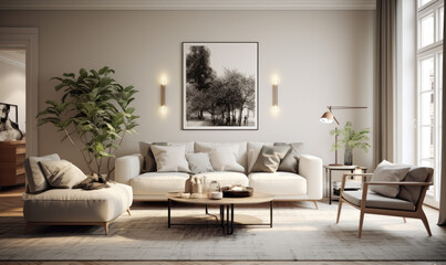Interior design of modern scandinavian apartment, living room 3d rendering.