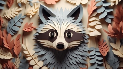 Raccoon made in paper cut craft,  Layered paper,  Paper craft,  Minimal design,  Pastel color