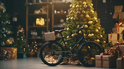 Foto auf Acrylglas Fahrrad "Unique Bicycle Christmas Tree Decoration on Artificial Background"