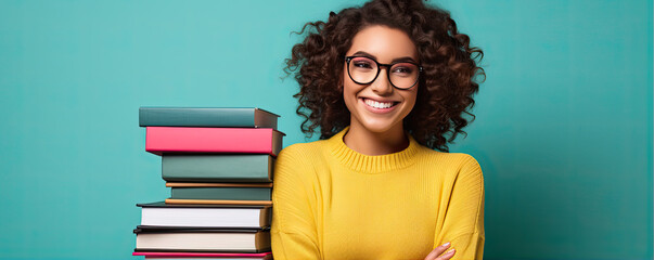 Girl with glasses and school books on color background. copy space for text.