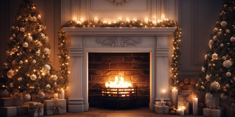 "Winter Wonderland: Festive Fireplace and Christmas Tree Decorated with Candles for Cozy Celebrations"