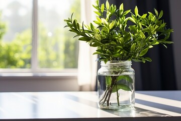 interior design, Morning spring still life, plants ruscus branches in a jar of water. generative ai.