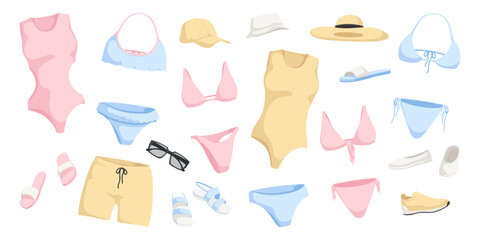 Set of tender colorful beachwear. Collection of swimsuit, flip flops, hat, bikini, sunglasses. Fashion female clothes. Beach and pool sunbathing. Isolated on white background. Vector illustration