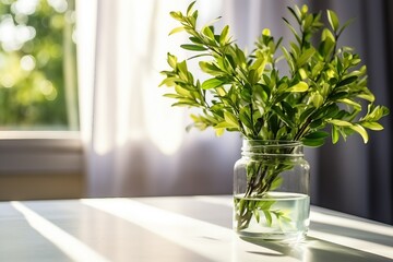 interior design, Morning spring still life, plants ruscus branches in a jar of water. generative ai.