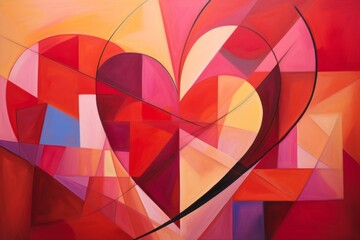 A vibrant, abstract composition featuring intersecting geometric shapes in shades of red and pink, forming a dynamic heart at the center.
