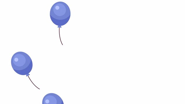 Flying up blue balloons on left side 2D objects animation. Floating baloons flat cartoon 4K video, transparent alpha channel. Inflatable decorations animated elements on white background