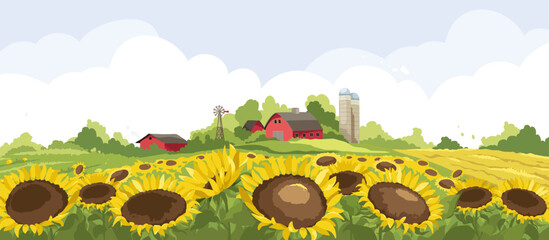 Abstract rural landscape -- field of sunflowers. Vector illustration, red farmhouse among fields and meadows. Harvest time.  - obrazy, fototapety, plakaty