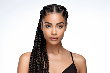 portrait of beautiful black african american woman with curly long braids 