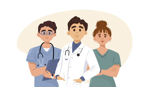 Doctor in white gown holding hand in pocket, male and female nurse wearing uniform. Hospital employee standing in row. Clinic medicine. Emergency treatment concept. Vector illustration