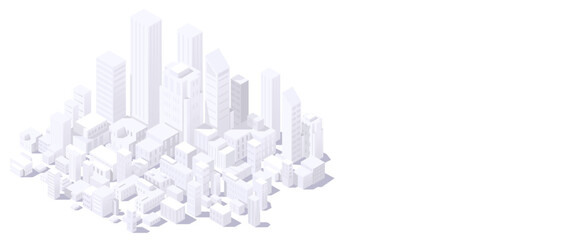 White city urban downtown architecture image. Modern skyscrapers, street cityscape, exterior town panorama view. Apartments and houses. Bright background. Isometric vector illustration - obrazy, fototapety, plakaty