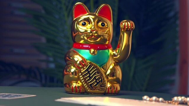 Golden statue Maneki-Neko cat shakes paw to attract money. Japanese souvenir statuette standing on table with cards and pearls in semi-dark room
